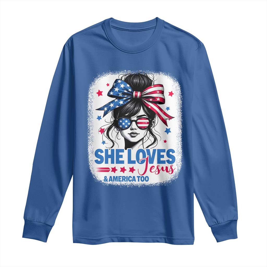 She Loves Jesus And America Too Long Sleeve Shirt Christian 4th of July Messy Bun Flag - Wonder Print Shop