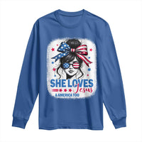 She Loves Jesus And America Too Long Sleeve Shirt Christian 4th of July Messy Bun Flag - Wonder Print Shop