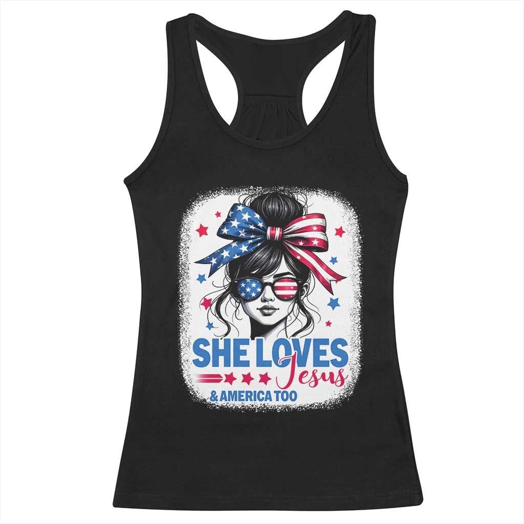 She Loves Jesus And America Too Racerback Tank Top Christian 4th of July Messy Bun Flag - Wonder Print Shop