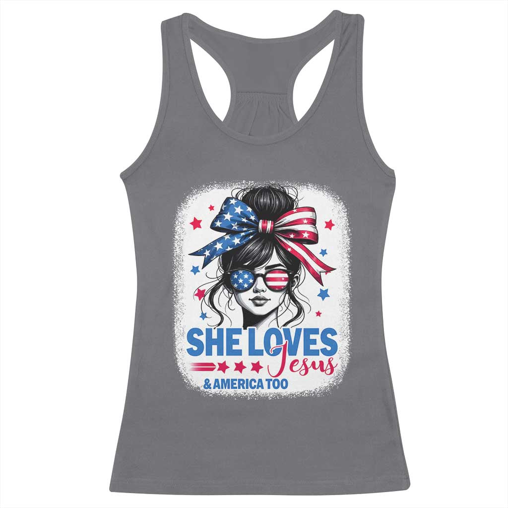 She Loves Jesus And America Too Racerback Tank Top Christian 4th of July Messy Bun Flag - Wonder Print Shop