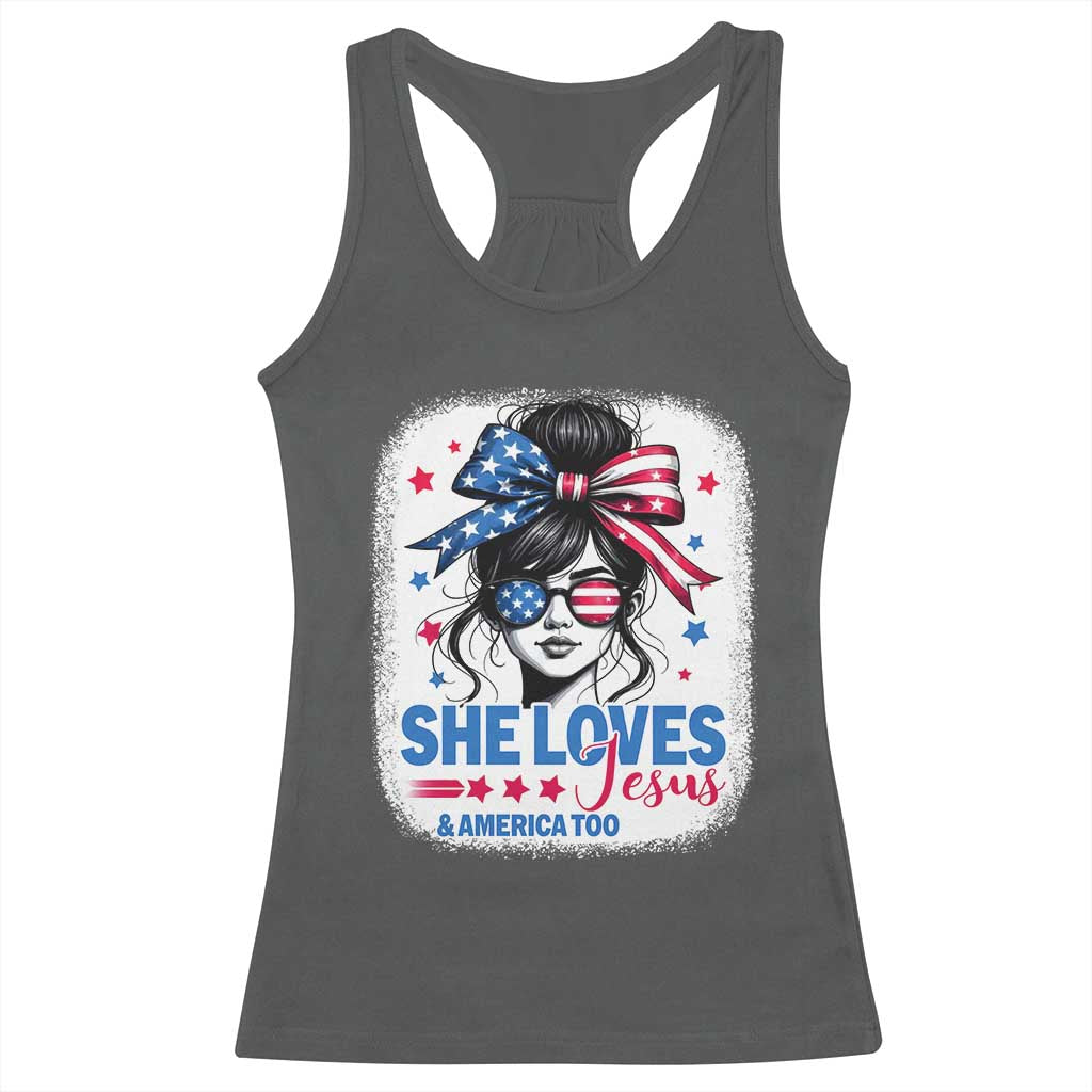 She Loves Jesus And America Too Racerback Tank Top Christian 4th of July Messy Bun Flag - Wonder Print Shop