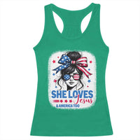 She Loves Jesus And America Too Racerback Tank Top Christian 4th of July Messy Bun Flag - Wonder Print Shop