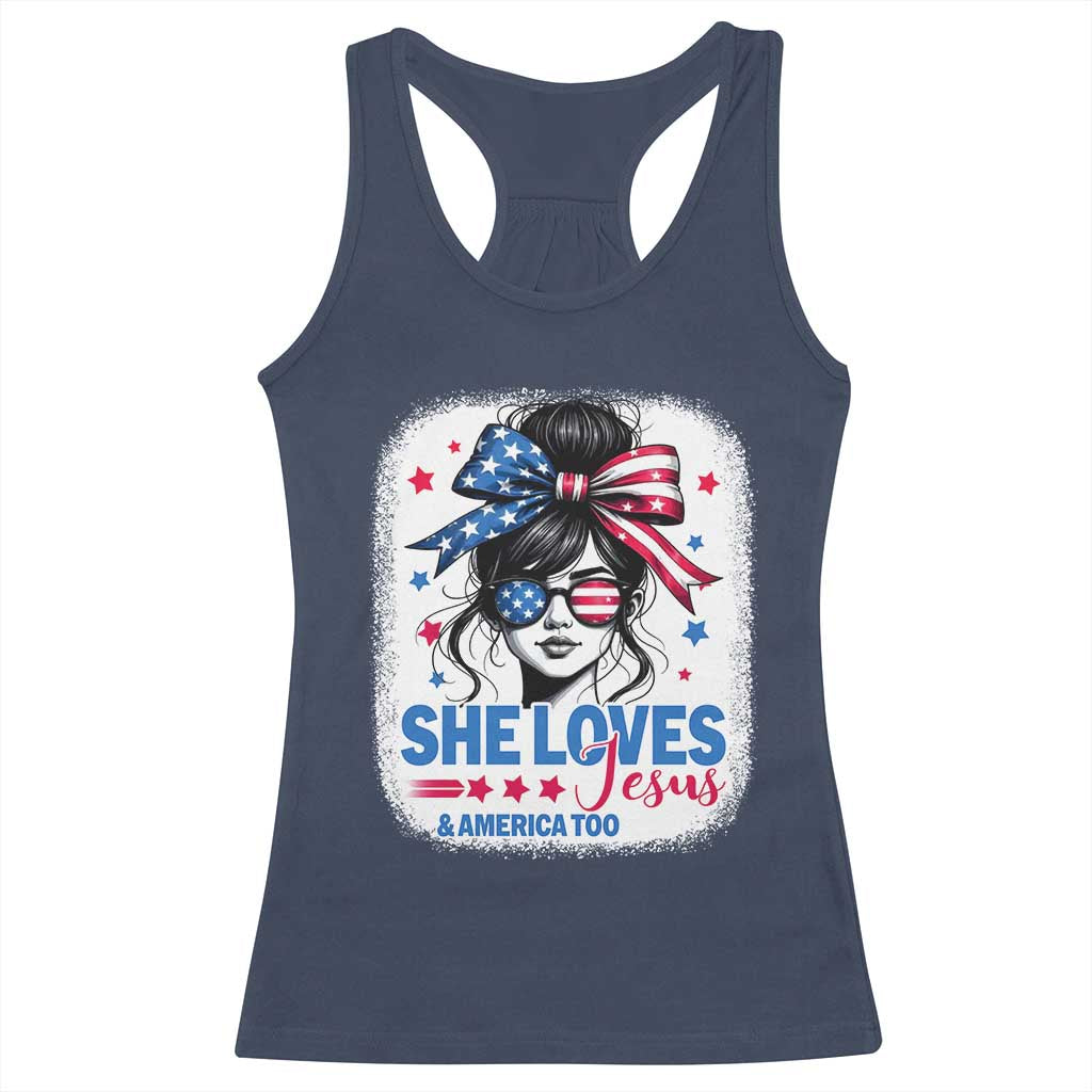 She Loves Jesus And America Too Racerback Tank Top Christian 4th of July Messy Bun Flag - Wonder Print Shop