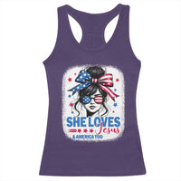 She Loves Jesus And America Too Racerback Tank Top Christian 4th of July Messy Bun Flag - Wonder Print Shop
