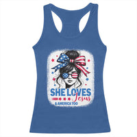 She Loves Jesus And America Too Racerback Tank Top Christian 4th of July Messy Bun Flag - Wonder Print Shop