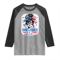She Loves Jesus And America Too Raglan Shirt Christian 4th of July Messy Bun Flag - Wonder Print Shop