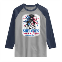 She Loves Jesus And America Too Raglan Shirt Christian 4th of July Messy Bun Flag - Wonder Print Shop