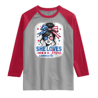 She Loves Jesus And America Too Raglan Shirt Christian 4th of July Messy Bun Flag - Wonder Print Shop
