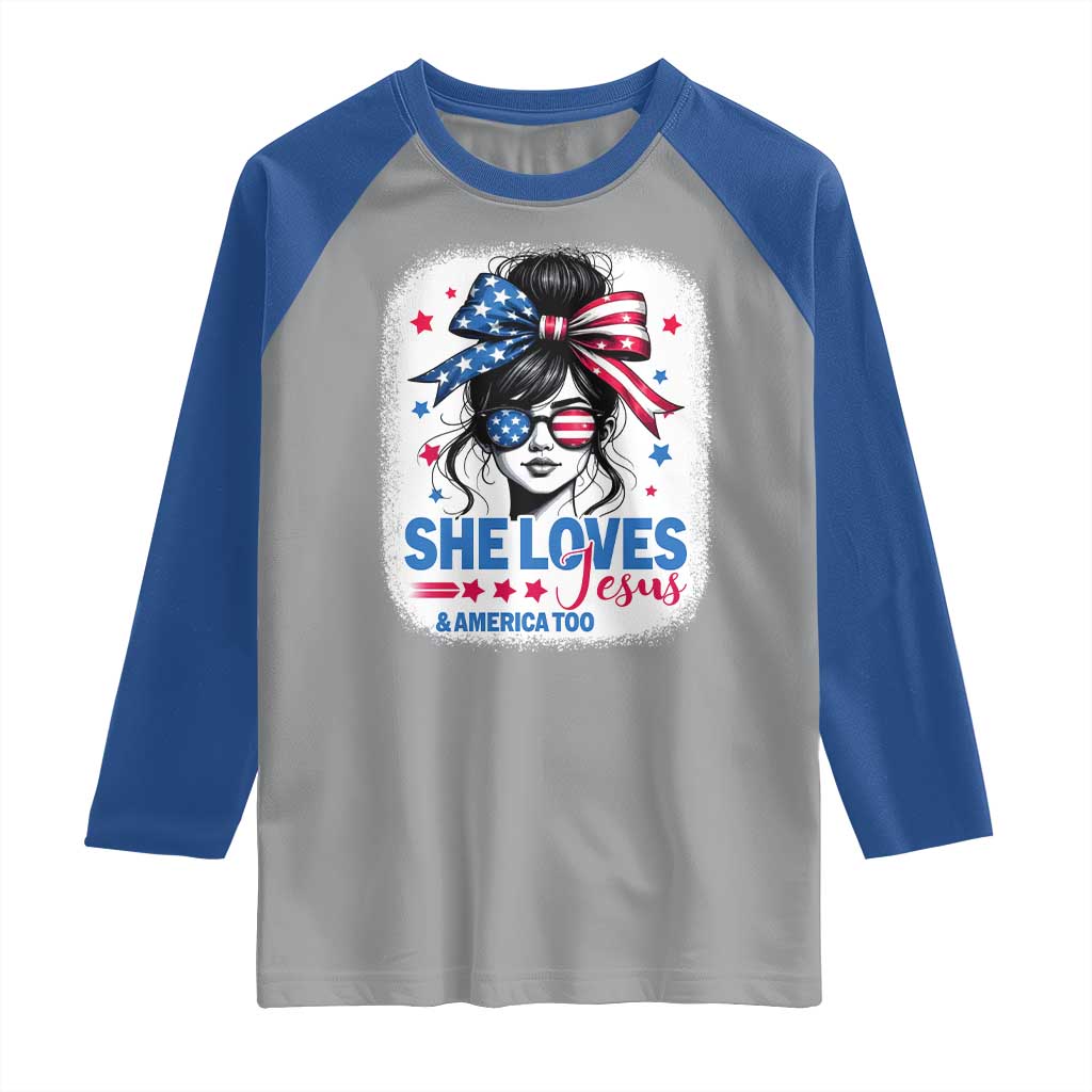 She Loves Jesus And America Too Raglan Shirt Christian 4th of July Messy Bun Flag - Wonder Print Shop