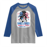 She Loves Jesus And America Too Raglan Shirt Christian 4th of July Messy Bun Flag - Wonder Print Shop
