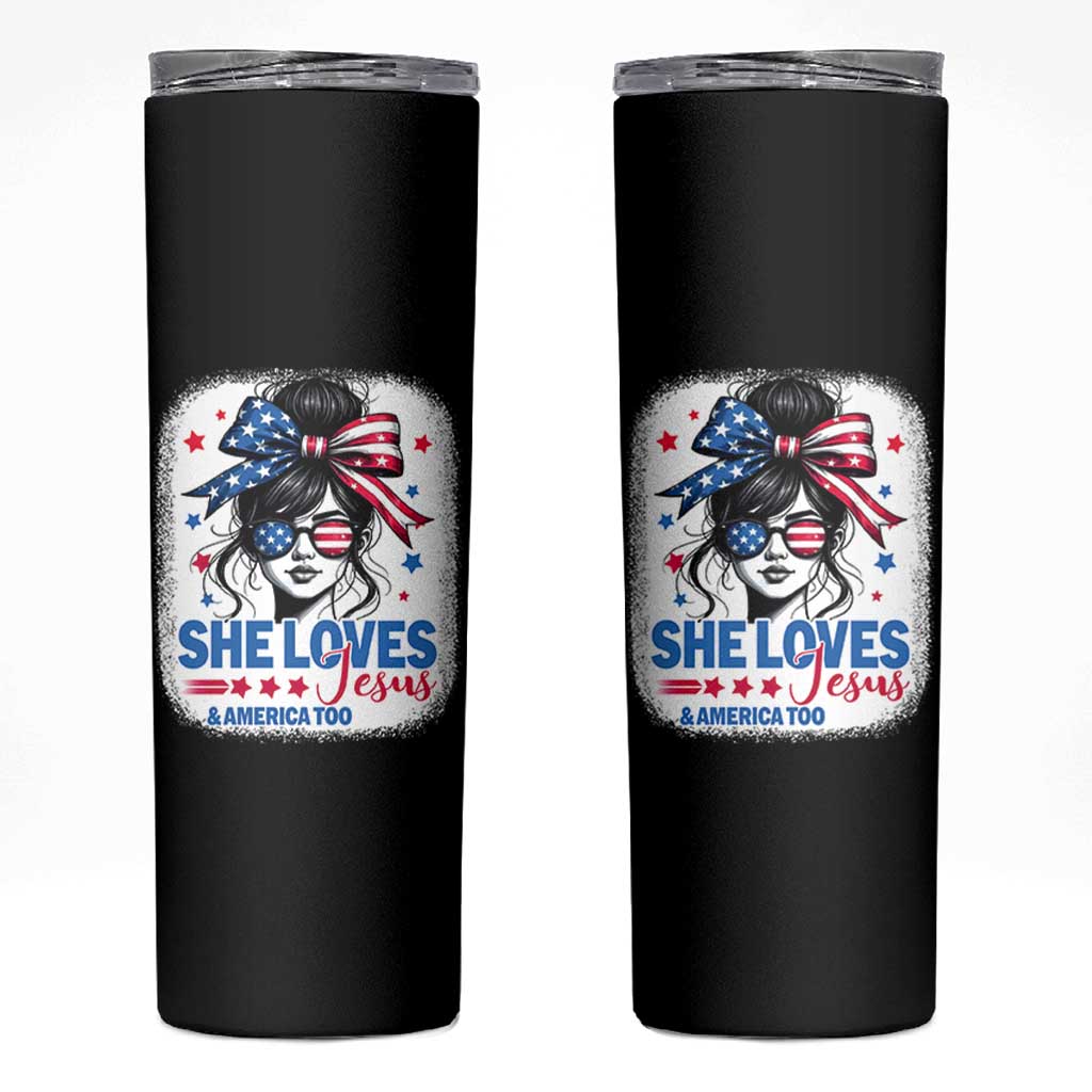 She Loves Jesus And America Too Skinny Tumbler Christian 4th of July Messy Bun Flag - Wonder Print Shop