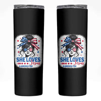 She Loves Jesus And America Too Skinny Tumbler Christian 4th of July Messy Bun Flag - Wonder Print Shop