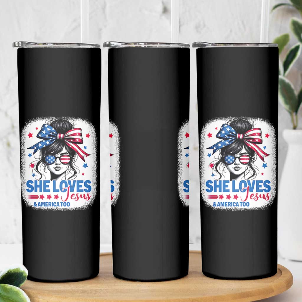 She Loves Jesus And America Too Skinny Tumbler Christian 4th of July Messy Bun Flag - Wonder Print Shop