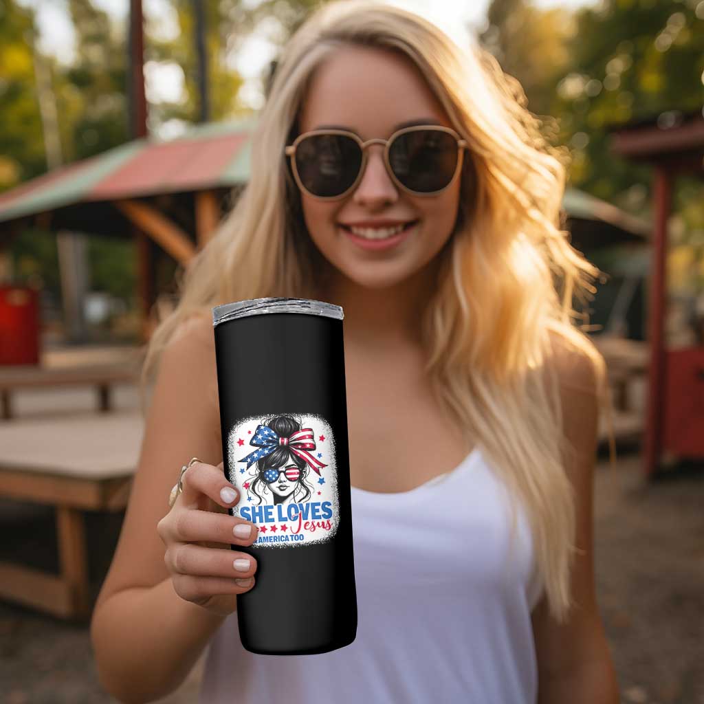 She Loves Jesus And America Too Skinny Tumbler Christian 4th of July Messy Bun Flag - Wonder Print Shop