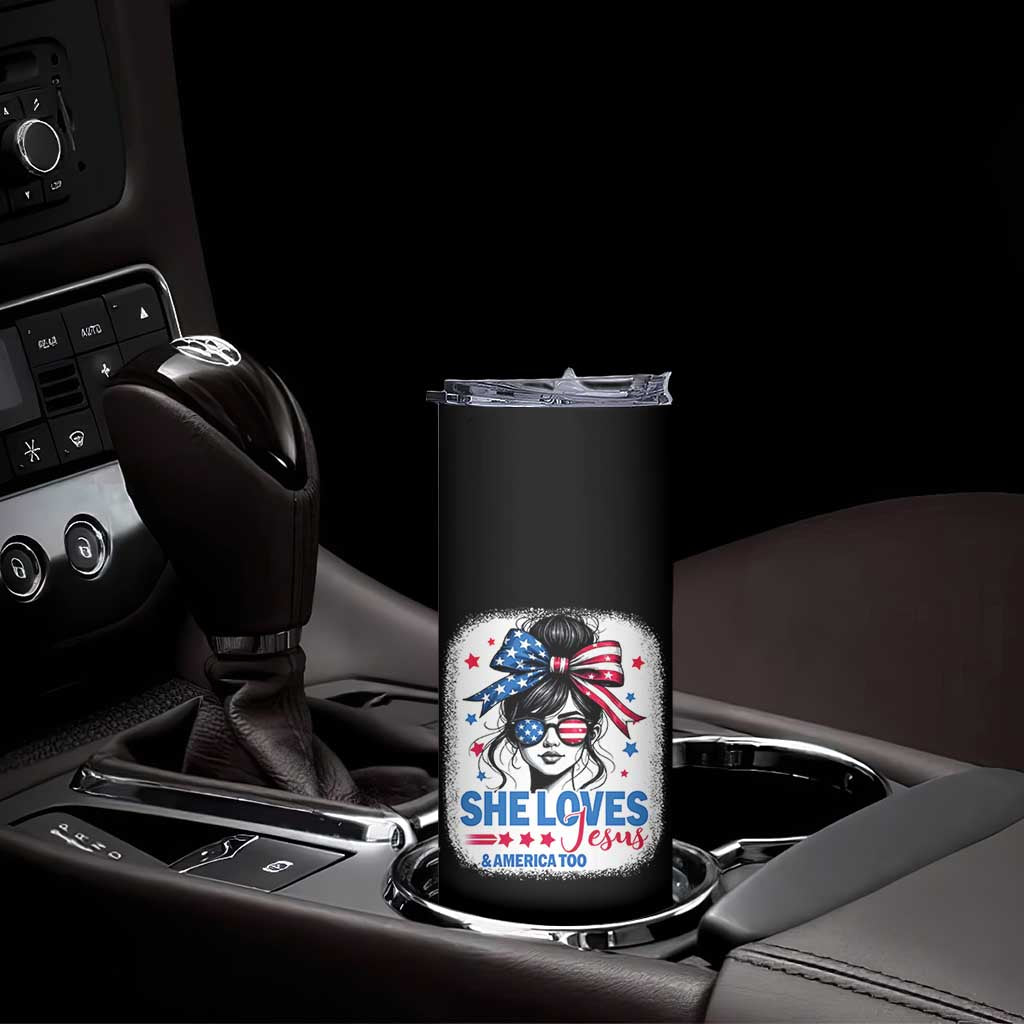 She Loves Jesus And America Too Skinny Tumbler Christian 4th of July Messy Bun Flag - Wonder Print Shop