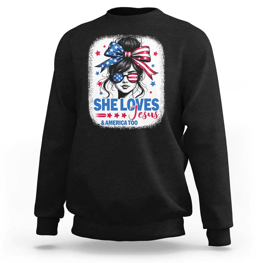 She Loves Jesus And America Too Sweatshirt Christian 4th of July Messy Bun Flag - Wonder Print Shop