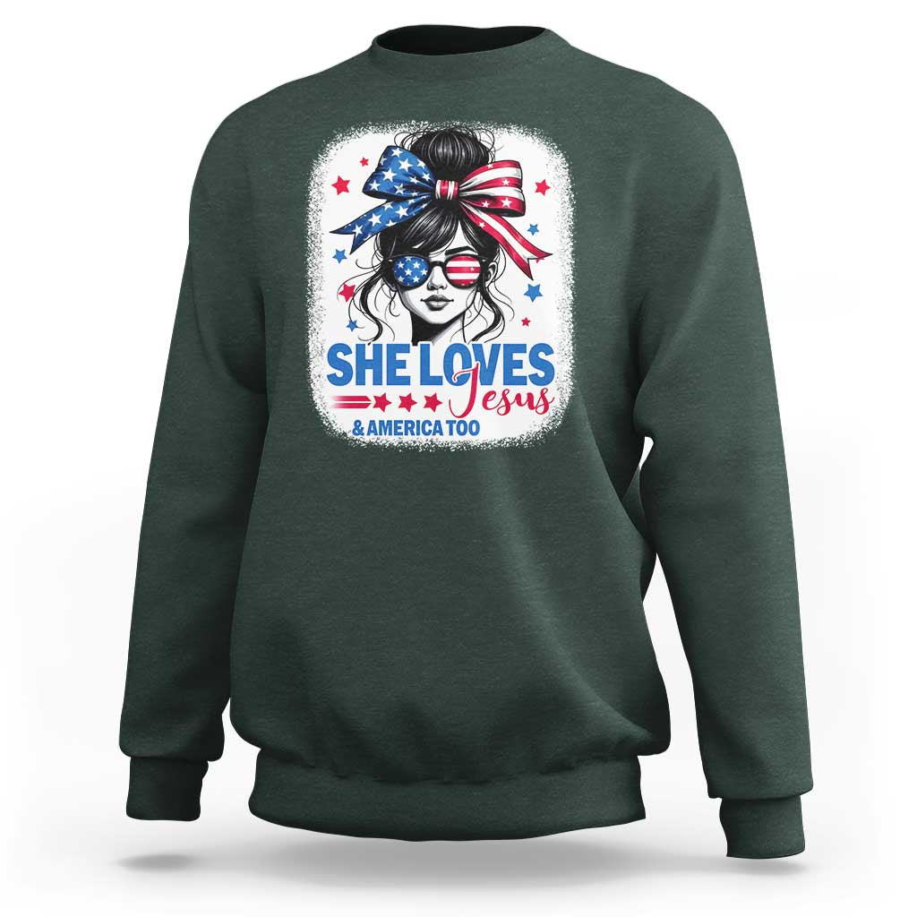 She Loves Jesus And America Too Sweatshirt Christian 4th of July Messy Bun Flag - Wonder Print Shop