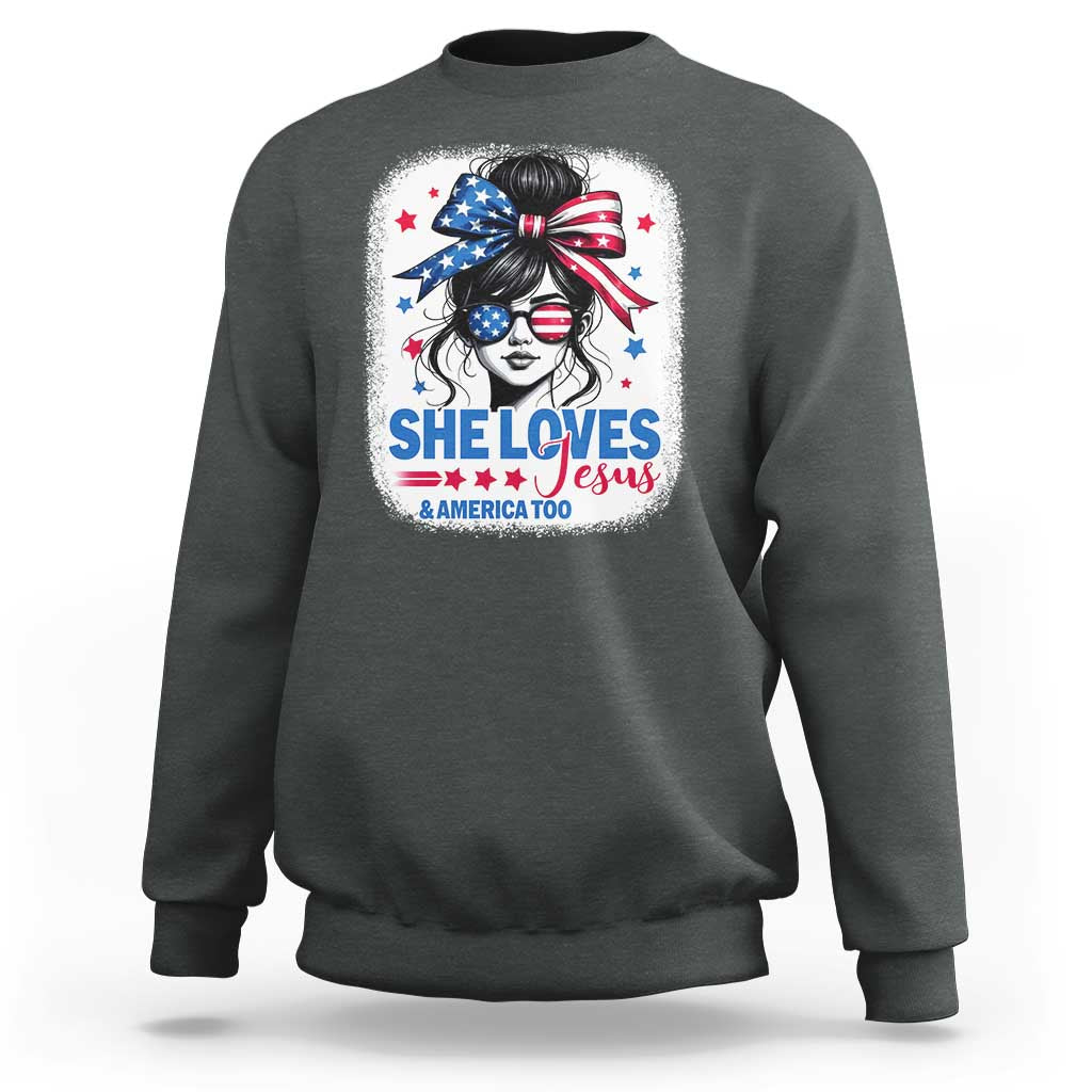 She Loves Jesus And America Too Sweatshirt Christian 4th of July Messy Bun Flag - Wonder Print Shop