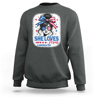 She Loves Jesus And America Too Sweatshirt Christian 4th of July Messy Bun Flag - Wonder Print Shop