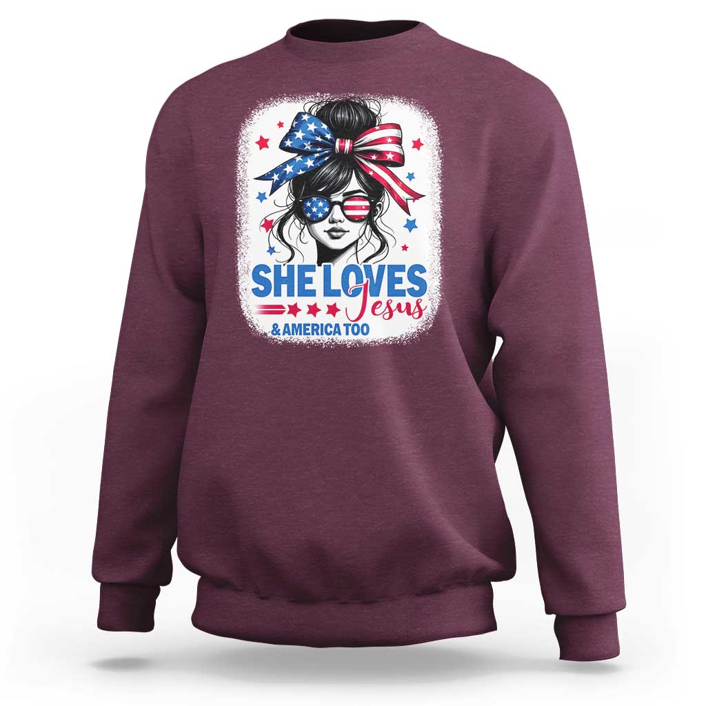 She Loves Jesus And America Too Sweatshirt Christian 4th of July Messy Bun Flag - Wonder Print Shop