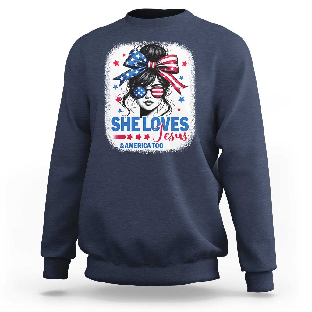 She Loves Jesus And America Too Sweatshirt Christian 4th of July Messy Bun Flag - Wonder Print Shop