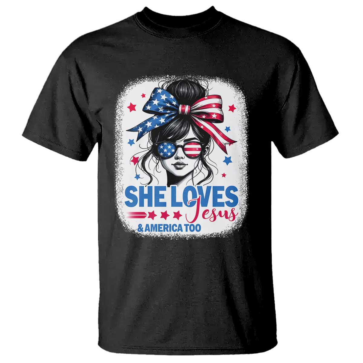 She Loves Jesus And America Too T Shirt Christian 4th of July Messy Bun Flag - Wonder Print Shop