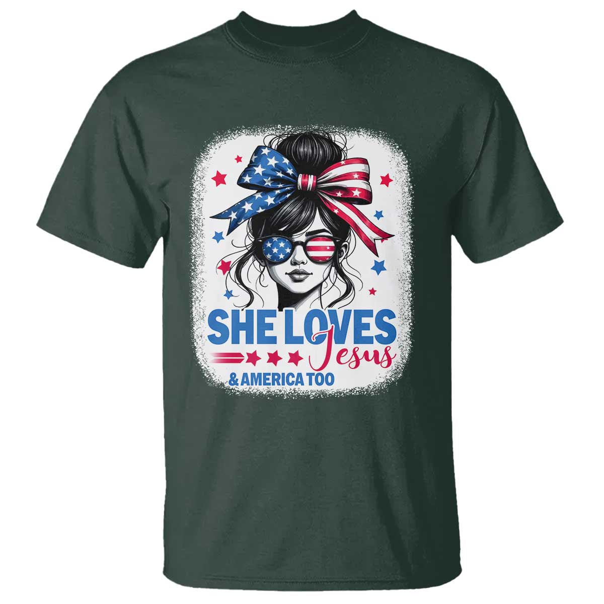 She Loves Jesus And America Too T Shirt Christian 4th of July Messy Bun Flag - Wonder Print Shop