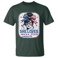 She Loves Jesus And America Too T Shirt Christian 4th of July Messy Bun Flag - Wonder Print Shop
