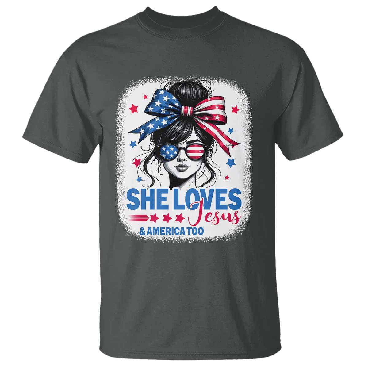 She Loves Jesus And America Too T Shirt Christian 4th of July Messy Bun Flag - Wonder Print Shop