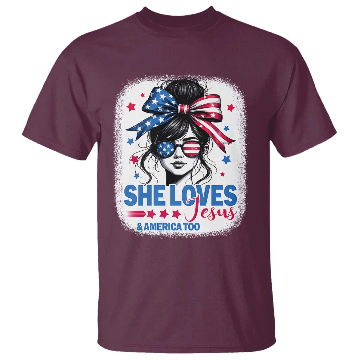 She Loves Jesus And America Too T Shirt Christian 4th of July Messy Bun Flag - Wonder Print Shop