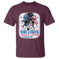 She Loves Jesus And America Too T Shirt Christian 4th of July Messy Bun Flag - Wonder Print Shop
