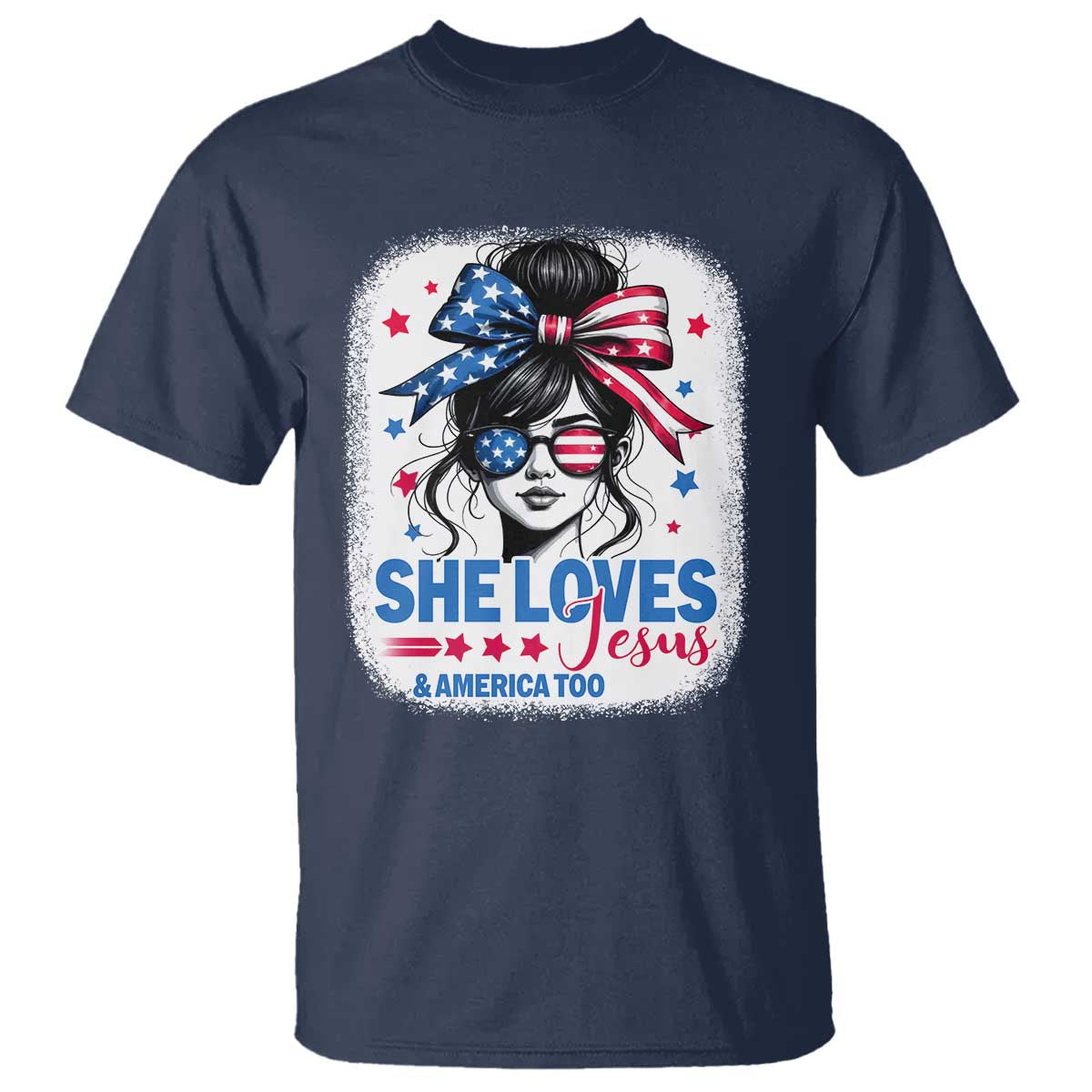 She Loves Jesus And America Too T Shirt Christian 4th of July Messy Bun Flag - Wonder Print Shop