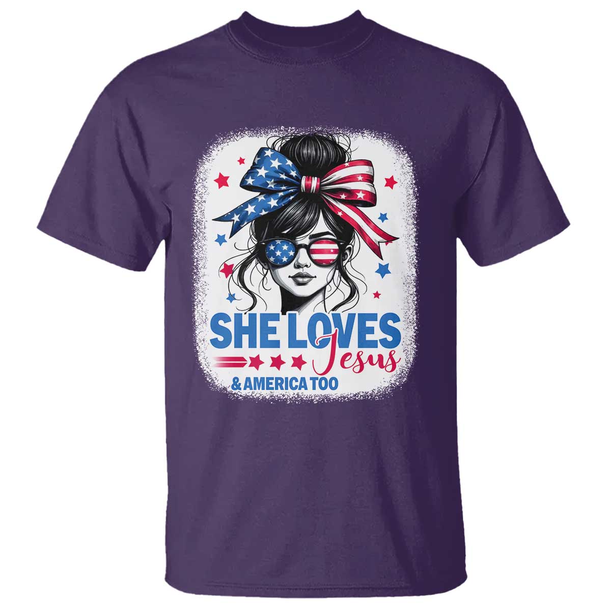 She Loves Jesus And America Too T Shirt Christian 4th of July Messy Bun Flag - Wonder Print Shop