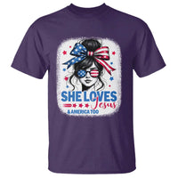 She Loves Jesus And America Too T Shirt Christian 4th of July Messy Bun Flag - Wonder Print Shop