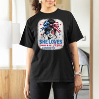 She Loves Jesus And America Too T Shirt For Women Christian 4th of July Messy Bun Flag - Wonder Print Shop
