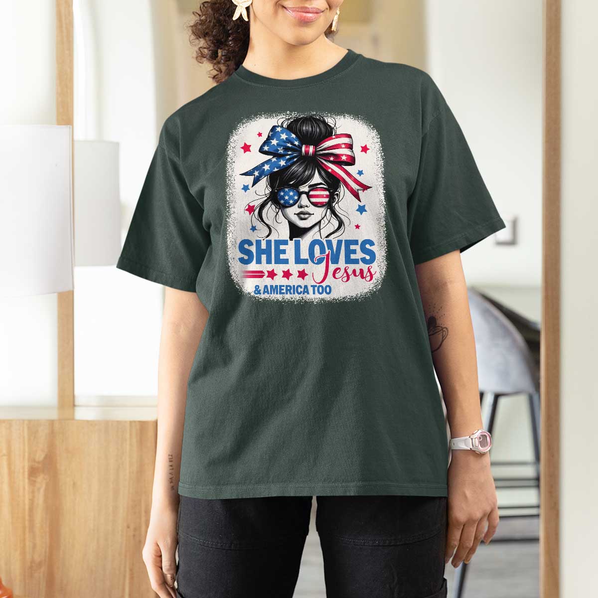 She Loves Jesus And America Too T Shirt For Women Christian 4th of July Messy Bun Flag - Wonder Print Shop