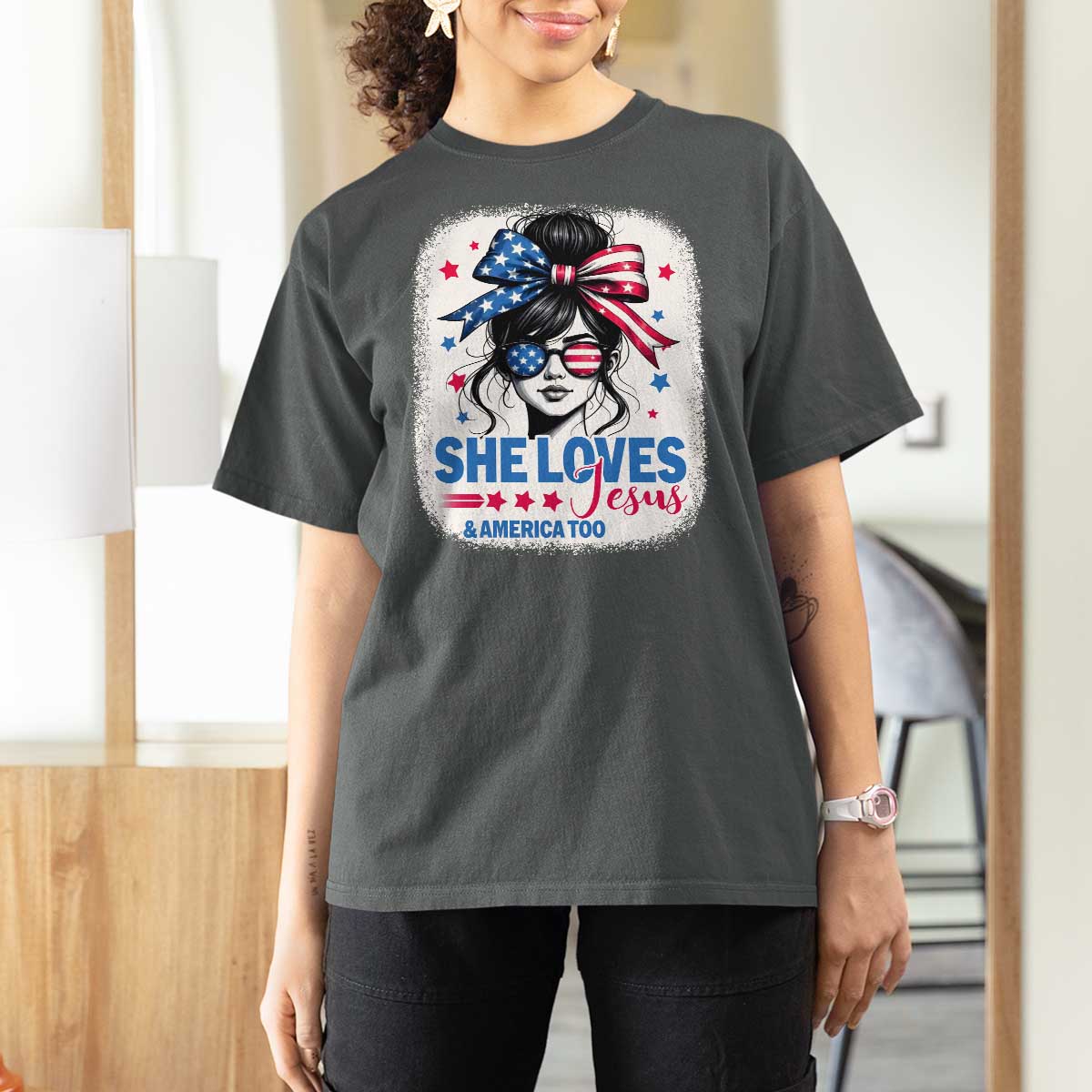 She Loves Jesus And America Too T Shirt For Women Christian 4th of July Messy Bun Flag - Wonder Print Shop