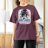 She Loves Jesus And America Too T Shirt For Women Christian 4th of July Messy Bun Flag - Wonder Print Shop