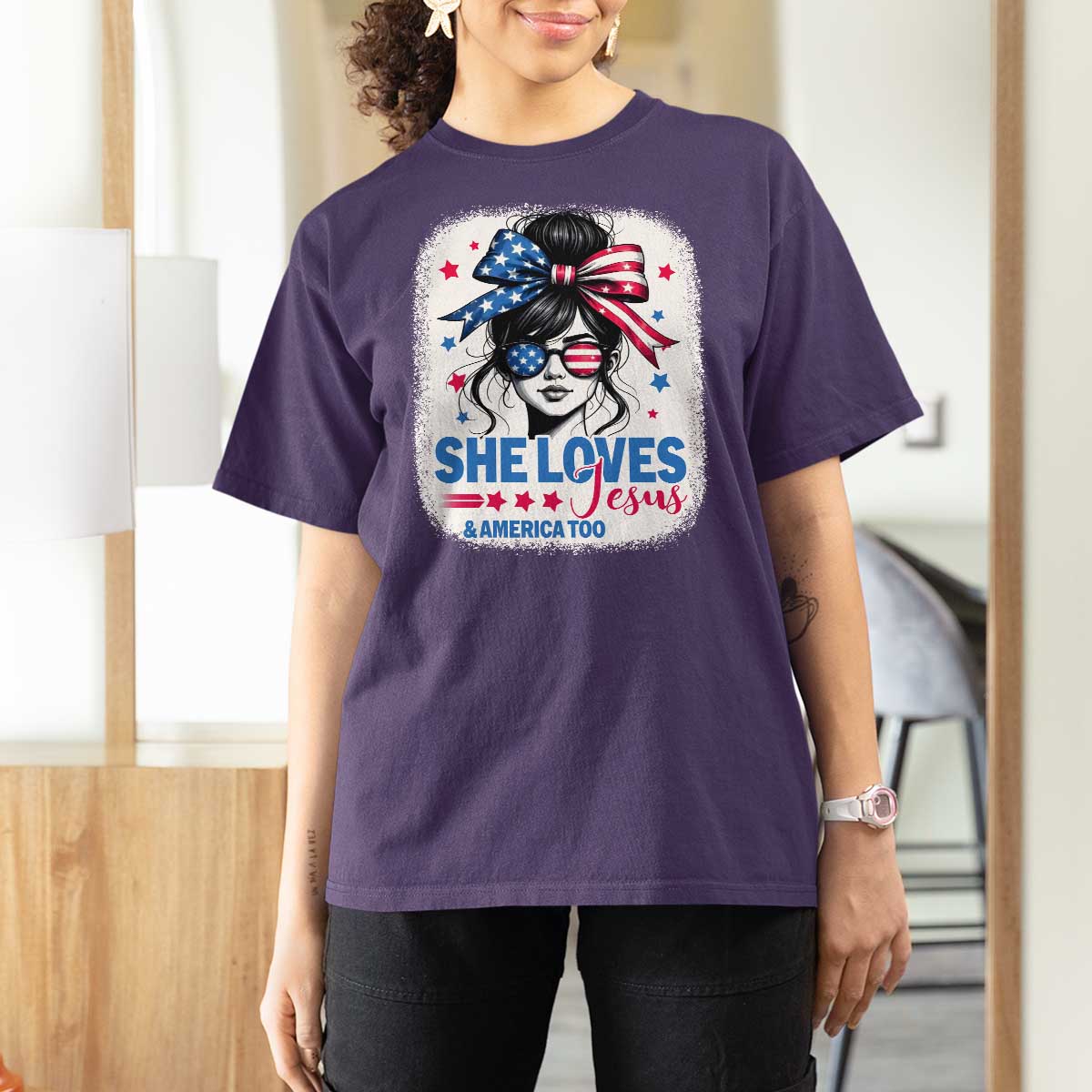 She Loves Jesus And America Too T Shirt For Women Christian 4th of July Messy Bun Flag - Wonder Print Shop