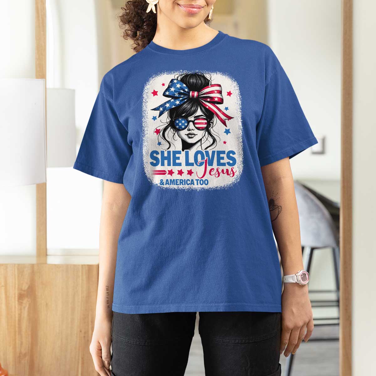 She Loves Jesus And America Too T Shirt For Women Christian 4th of July Messy Bun Flag - Wonder Print Shop