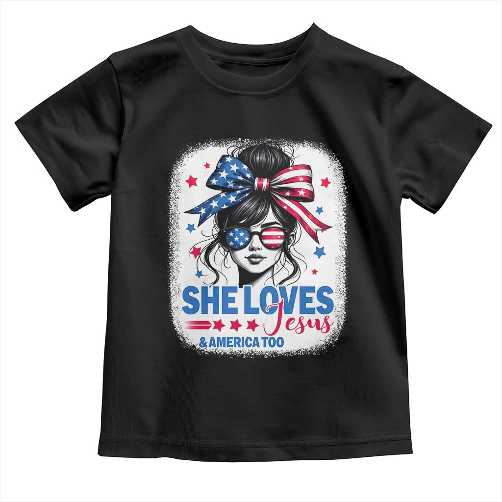 She Loves Jesus And America Too Toddler T Shirt Christian 4th of July Messy Bun Flag - Wonder Print Shop