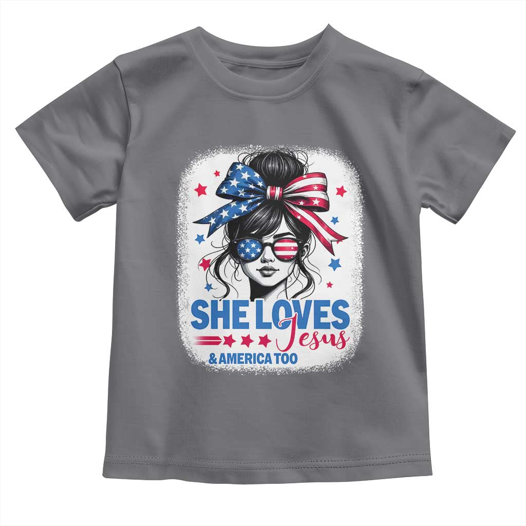 She Loves Jesus And America Too Toddler T Shirt Christian 4th of July Messy Bun Flag - Wonder Print Shop