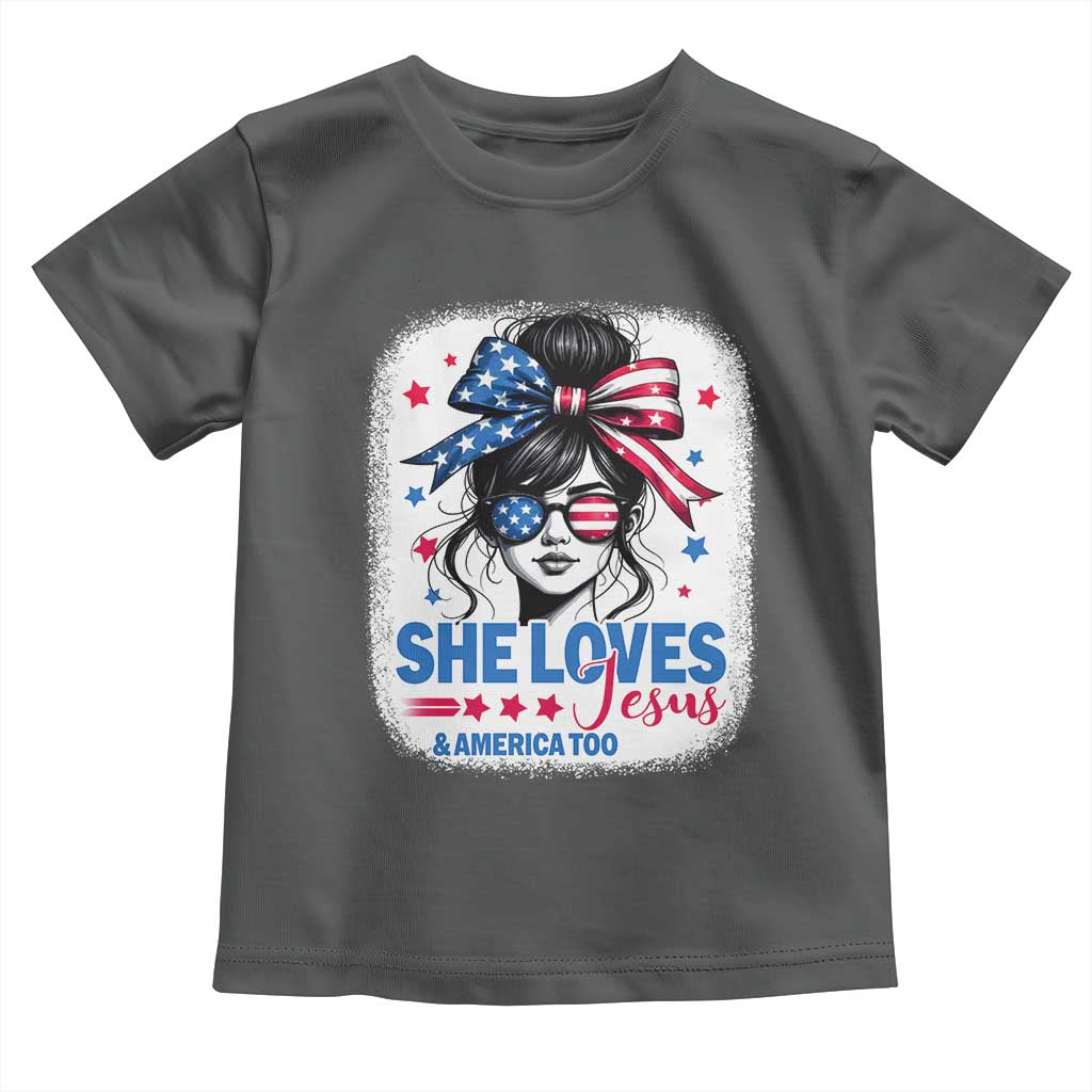 She Loves Jesus And America Too Toddler T Shirt Christian 4th of July Messy Bun Flag - Wonder Print Shop