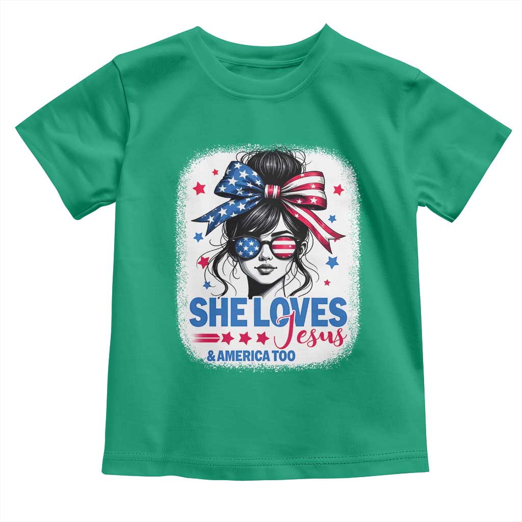 She Loves Jesus And America Too Toddler T Shirt Christian 4th of July Messy Bun Flag - Wonder Print Shop