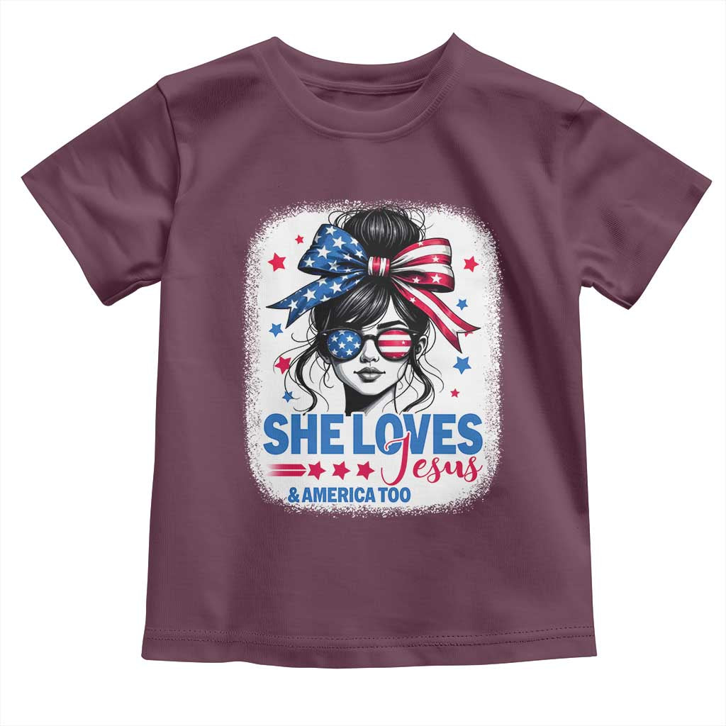 She Loves Jesus And America Too Toddler T Shirt Christian 4th of July Messy Bun Flag - Wonder Print Shop