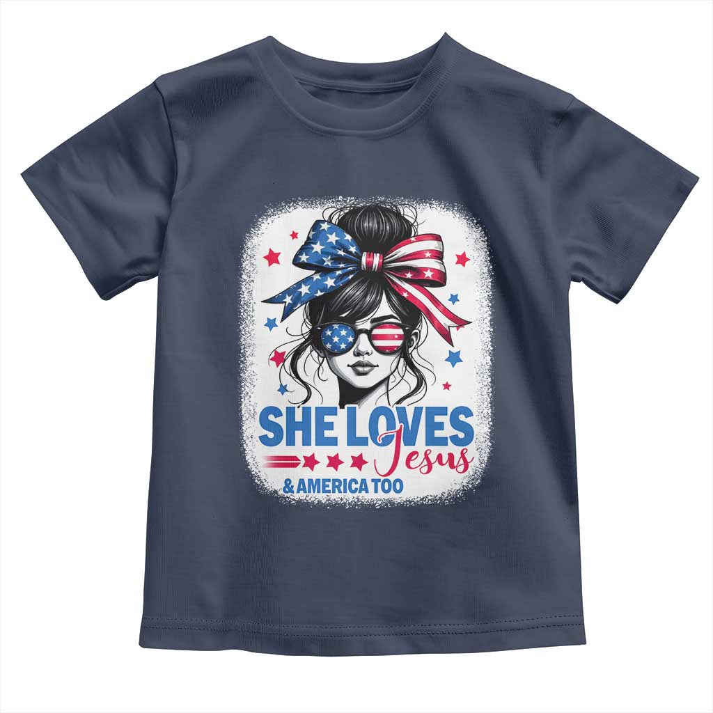 She Loves Jesus And America Too Toddler T Shirt Christian 4th of July Messy Bun Flag - Wonder Print Shop