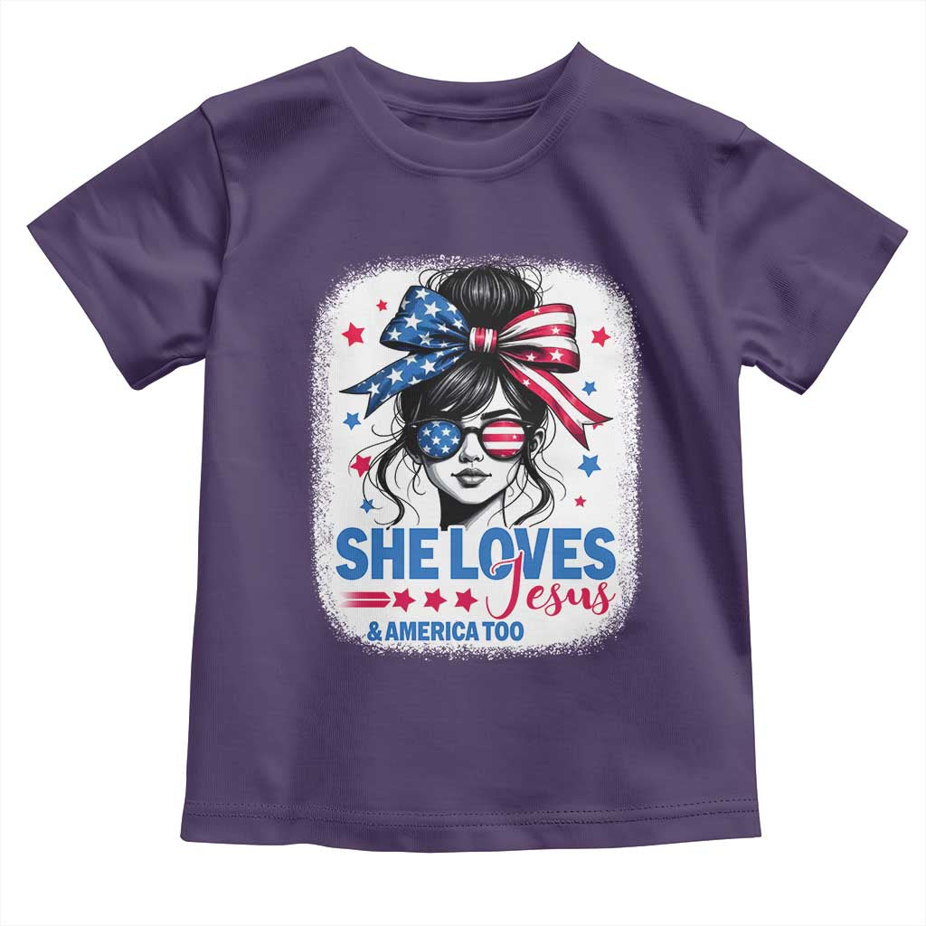 She Loves Jesus And America Too Toddler T Shirt Christian 4th of July Messy Bun Flag - Wonder Print Shop