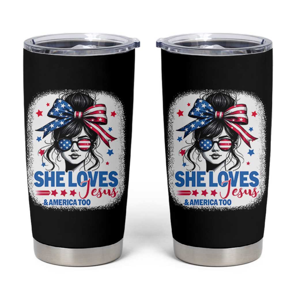 She Loves Jesus And America Too Tumbler Cup Christian 4th of July Messy Bun Flag - Wonder Print Shop