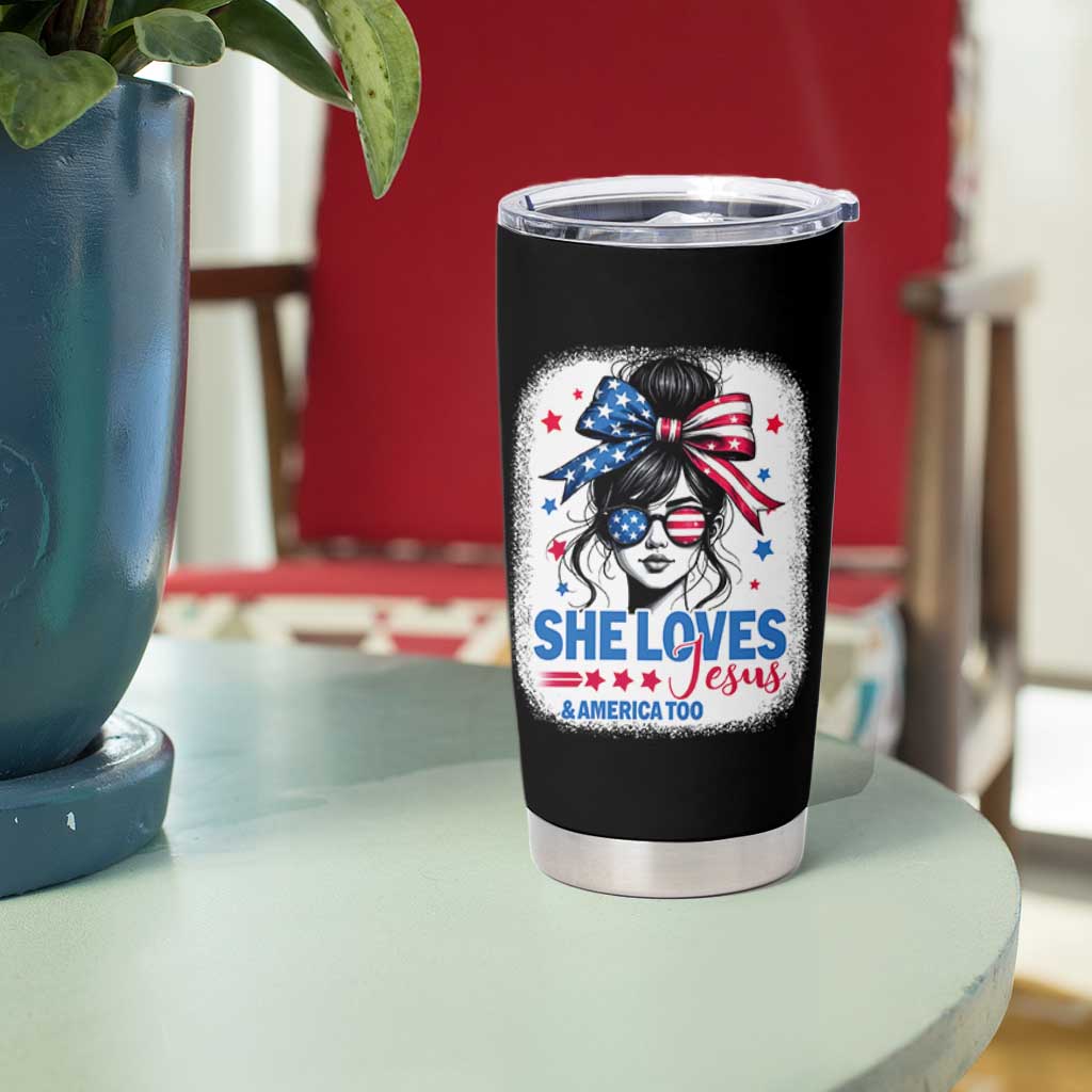 She Loves Jesus And America Too Tumbler Cup Christian 4th of July Messy Bun Flag - Wonder Print Shop