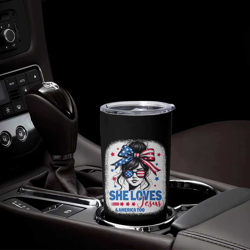 She Loves Jesus And America Too Tumbler Cup Christian 4th of July Messy Bun Flag - Wonder Print Shop